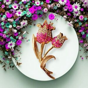 Pink Rhinestone Tulip Brooch